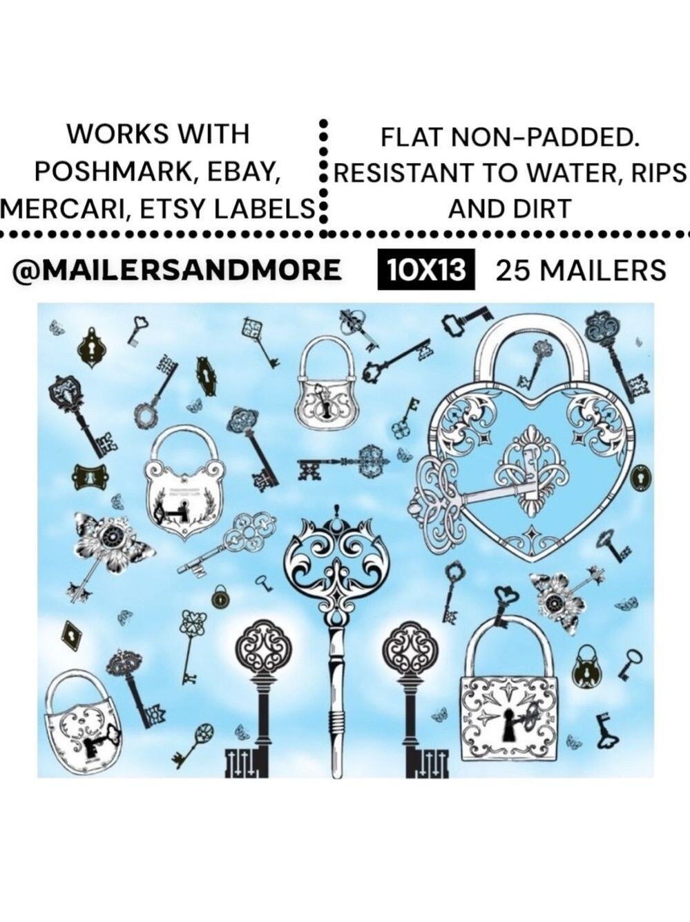 25 10X13 Poly Mailers Skeleton Key and Padlocks Shipping Envelopes PRICE IS FIRM - Picture 2 of 11